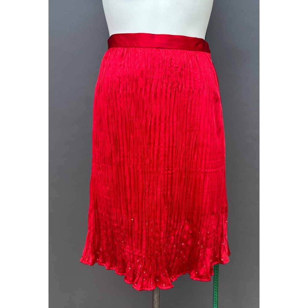 Susan Bristol Red Pleated Sequin Hem Midi Skirt Sz 8 Holiday Party Glam Festive